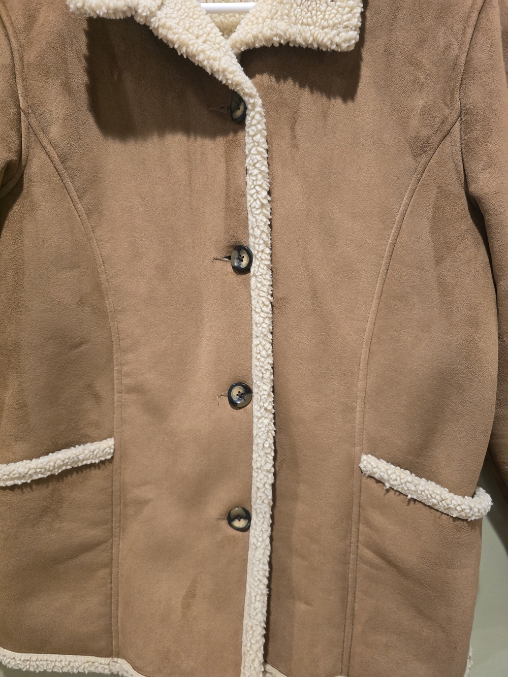 LL Bean Tan Faux-Suede Sherpa Trim Coat Small Petite - Picture 3 of 7
